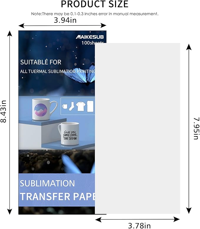Sublimation Paper Heat Transfer Paper 8.3x3.9 Inch 100 Sheets for Any Inkjet Printer which Match Sublimation Ink for DIY Unique Gifts for Mug T-Shirt Light Fabric Compatible