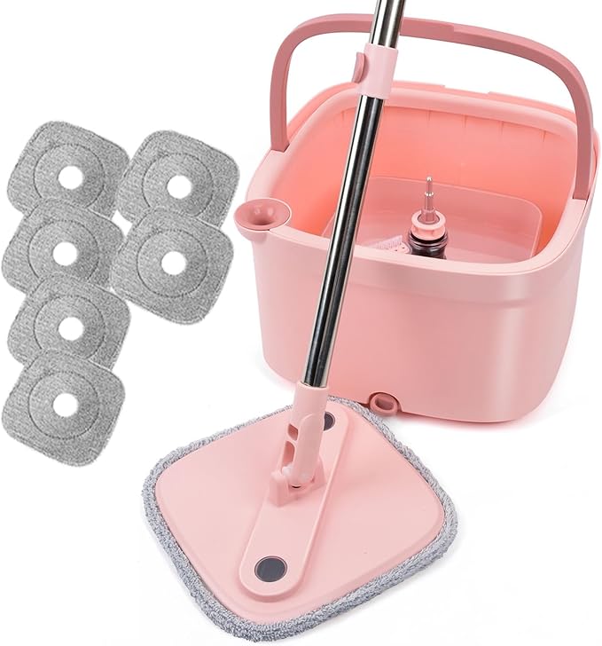 Upgraded Spin Mop and Bucket System Set, Self Separate Clean and Dirty Water, Foldable Square Standing Mop Head with Microfiber Mop Pads, Detachable Bucket