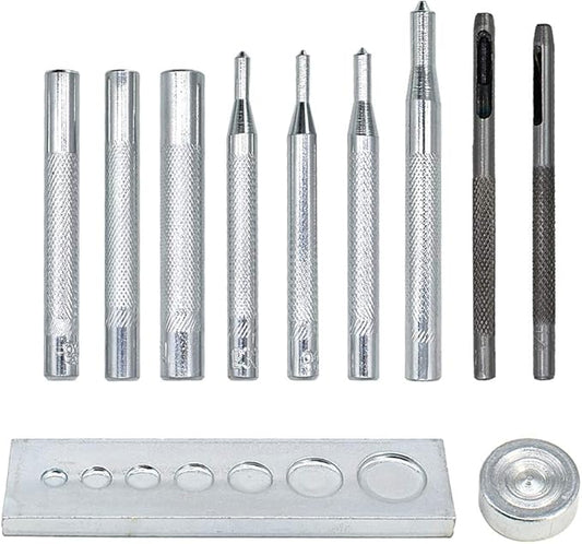 Renashed 11 Pcs Heavy Duty Hollow Leather Craft Punch Hole Tool Kit with Base DIY Leathercraft Tool Leather Rivet Setter, Leather Puch Tool,Punch Snap Kit for Hole Punch and Install Rivet Button
