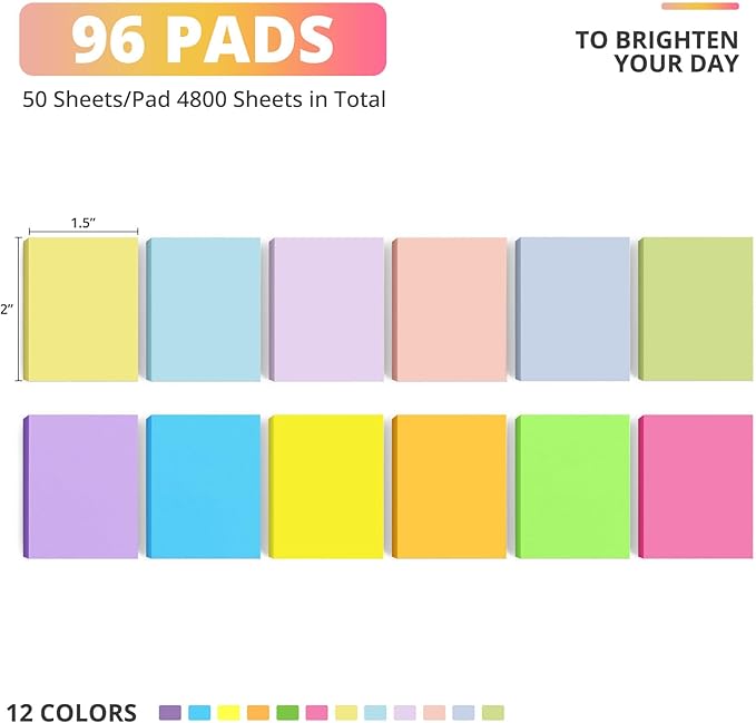 96 Pads Sticky Notes, 1.5x2 inches, Mini Soft Paste Self-Stick Note, 12 Colors Small Sticky Pads Perfect for Office, Study, and Home Life Organization-96 Pack