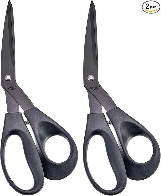 8.5‘’ Bent Fabric Scissors All Purpose Sharp Heavy Duty, Bent Shears for Sewing Crafting Cutting Clothes, Felt, Leather, Paper Supplies, Black Titanium Coating Blades, 2-pack