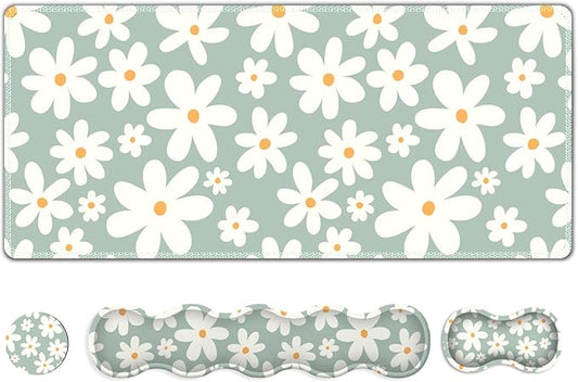Desk Mat Gaming Mouse Pad, Cute Desk Matt Keyboard Wrist Rest for Desktop, Anti-Slip Big Mousepad Stitched Edges, XXL Large Mouse Pad with Wrist Support for Home Office Computer I Morandi Daisy