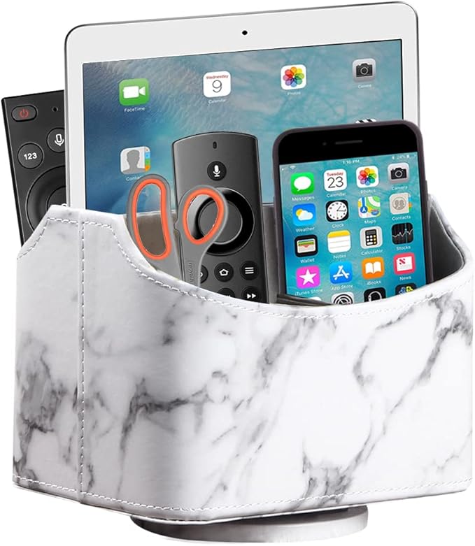 PU Leather Remote Control Holder,360 Degree Spinning Desk TV Remote Caddy,Desk Organizers and Accessories,for Controller,Media,Mail,Calculator,Mobile Phone,Pen Storage Holder(White Marble)