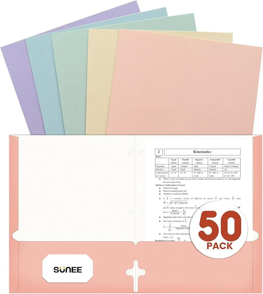 SUNEE Folders with Pockets 3 Hole Punched(50 Pack, Pastel Colors), 2 Pocket Folders Fit Letter Size Paper, Paper File Folder for School Office Home Business