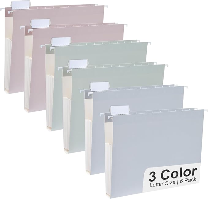 Y YOMA Letter Size - 6 Pack Extra Capacity Hanging File Folders Accordion Decorative Reinforced File Folder Cute Colored Expandable Folder for Office Home with 1/5-Cut Adjustable Tabs, Morandi Color