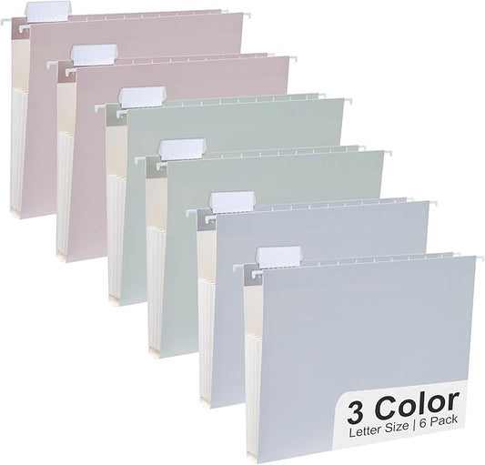Y YOMA Letter Size - 6 Pack Extra Capacity Hanging File Folders Accordion Decorative Reinforced File Folder Cute Colored Expandable Folder for Office Home with 1/5-Cut Adjustable Tabs, Morandi Color