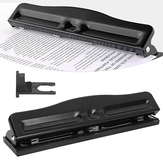 Akozon 3 Hole Adjustable Heavy-Duty Hole Punch, Black, Minimalist Style, Punctures Up to 10 Sheets, Metal Body, Iron Handle