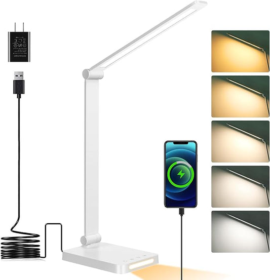 Dott Arts LED Desk Lamp with USB Ports, Touch Control, 5 Color Modes, 3 Brightness Levels, Foldable Design, White
