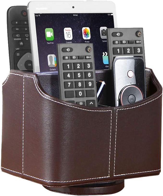 YAPISHI Leather Remote Control Holder, 360 Degree Spinning Desk TV Remote Caddy/Box, Coffee Table Organizer for Controller, Media, Calculator, Mobile Phone and Pencil Storage