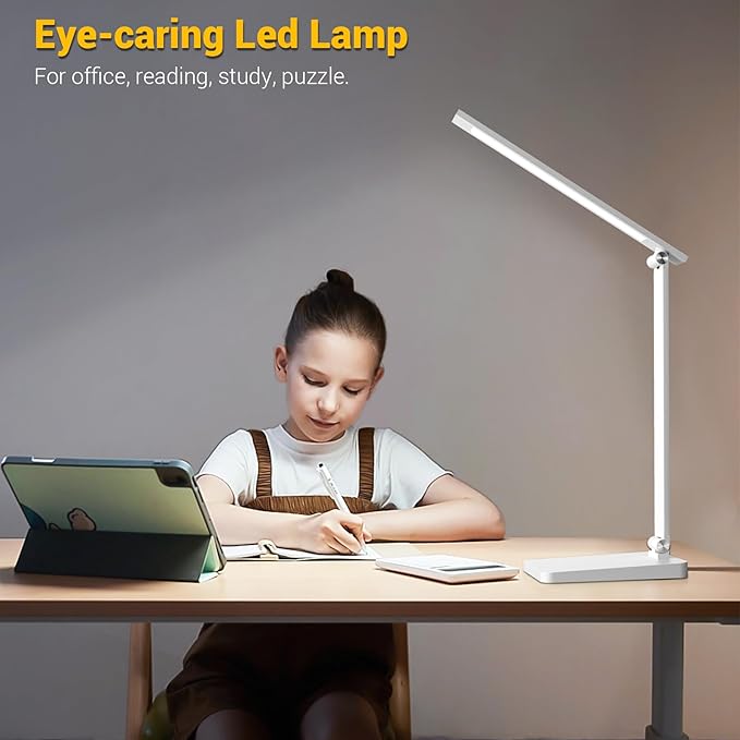LED Desk Lamp for Home Office, 3 Levels Dimmable Desk Light with USB Charging Port, Small Study Lamp, Reading Light for Table, White, 5000K