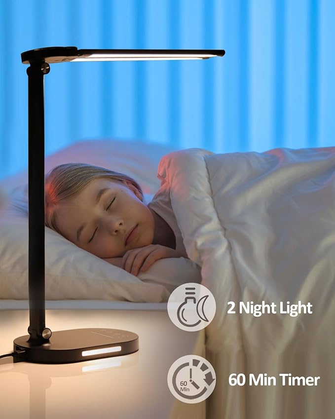 LED Desk Lamps for Home Office, 14W Bright Double Swing Arm LED Desk Lamp with USB Charging Port, Eye-Caring Task Lamp, Desktop Lamp with Night Light Table Read Light for Bedroom Work Study Craft