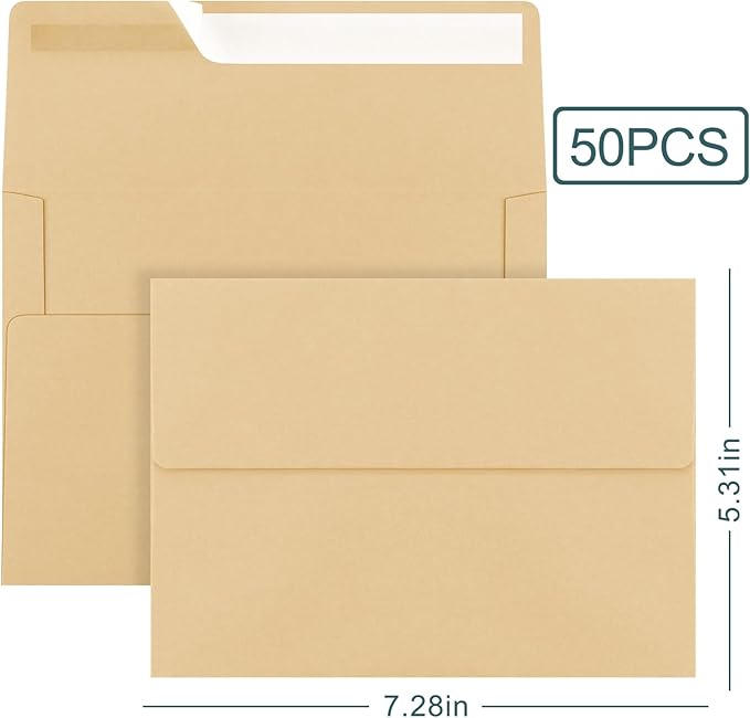 50 Pack 5x7 Envelopes, A7 Kraft Envelopes Self Seal, Printable Envelopes for Invitation, Baby Shower, Birthday Party, Wedding, Postcards, Mailing, Greeting Cards