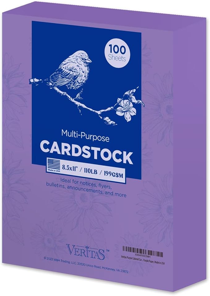 Veritas Purple Colored Cardstock, 8.5" x 11" Colored Copy paper, 110LB/199GSM Printer Paper, 100 Sheets (1 Reams), Colored Multi-Purpose Purple Paper, Made in USA