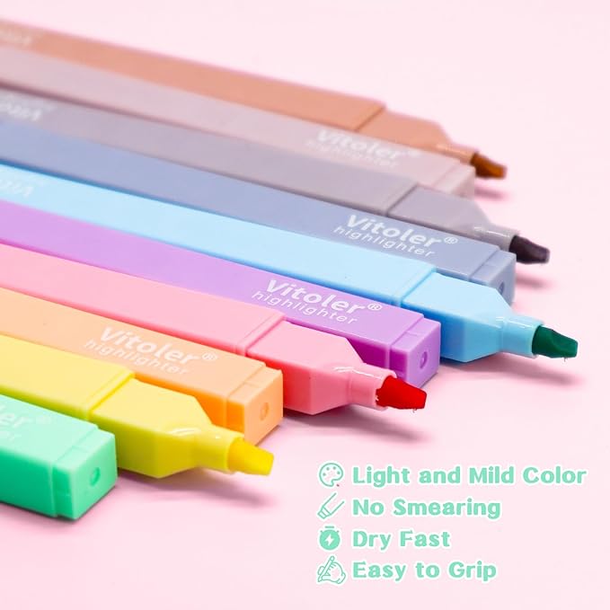 Vitoler 10Pcs Aesthetic Highlighters, Chisel Tip Marker Pens,Assorted Color Candy Highlighters,No Bleed Bible Highlighter,Cute Pastel Highlighter for Journaling Planner Notes School Supplies