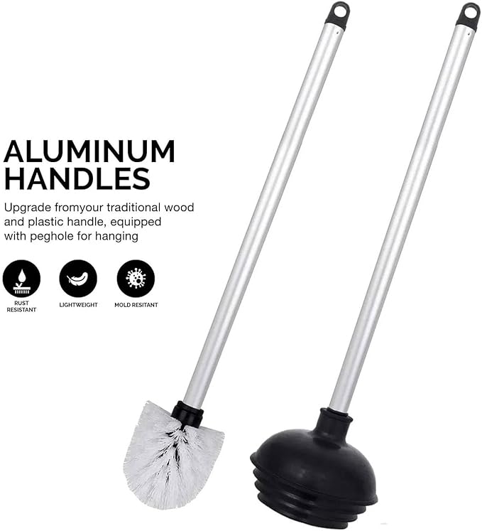 NEIKO 60167A Toilet Plunger with Holder for Brush and Bathroom Plunger Set, Clean Aluminum Handle, White Plunger Caddy, Toilet Brush Set for Cleaning Toilet Bowl