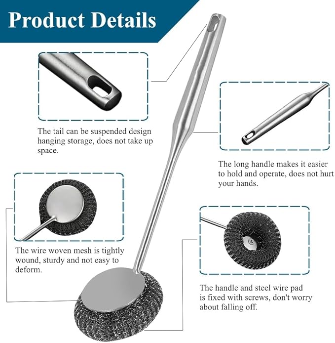 6Pcs Steel Wool Scrubber with Long Handle - Stainless Steel Scrub Brush Set for Scouring Stubborn Messes from Cast Iron, Pots, Pans, Grill, Sink (1 Scrubber + 4 Pads + 1 Screwdriver)