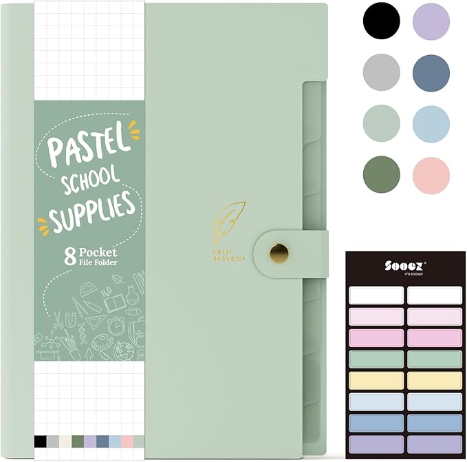 Sooez Aesthetic 8 Pocket Accordion File Organizer, Pastels Expanding File Folder for Important Document with Labels, Portable Receipt Bill Organizer for Office School Supplies, Letter Size Light Green
