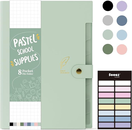 Sooez Aesthetic 8 Pocket Accordion File Organizer, Pastels Expanding File Folder for Important Document with Labels, Portable Receipt Bill Organizer for Office School Supplies, Letter Size Light Green