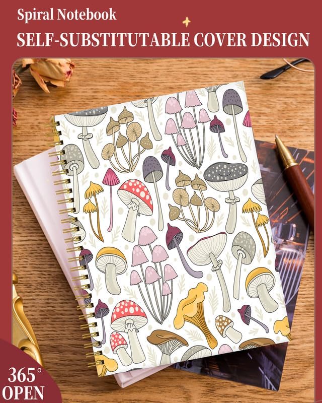 Spiral Journal Notebook for Women,A5 College Ruled Notebooks 6"x 8.4", 120 Pages (60 Sheets) Lined Journal with Premium Thick Paper,Perfect for School Office Home(Colorful Mushroom)