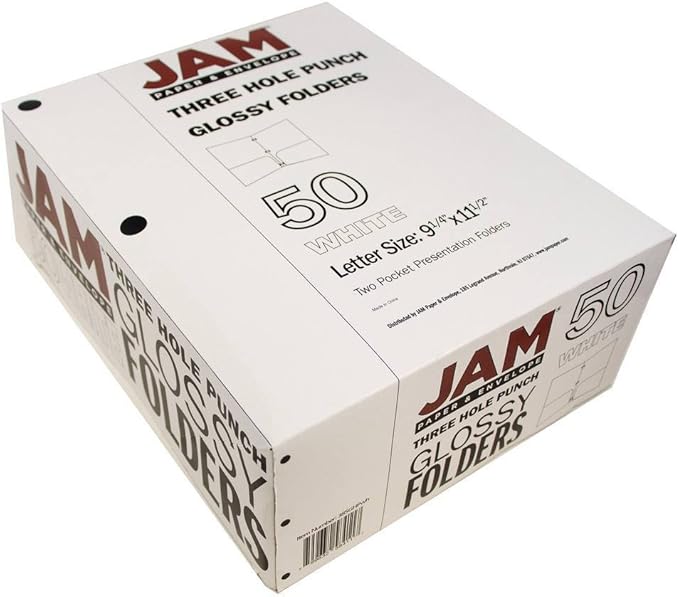 JAM PAPER Laminated Two Pocket Glossy 3 Hole Punch School Folders - Letter Size - High Gloss White - Bulk 50/Box