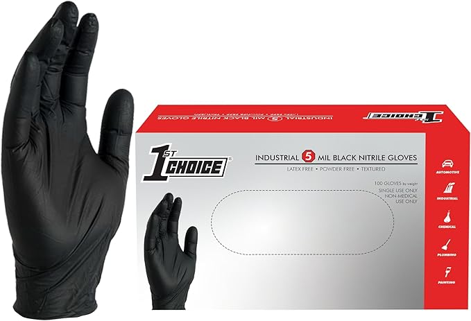 1st Choice Black Nitrile Gloves Disposable Latex-Free 5 Mil Textured for Cooking, Cleaning, Food Prep, X-Large, Box of 100