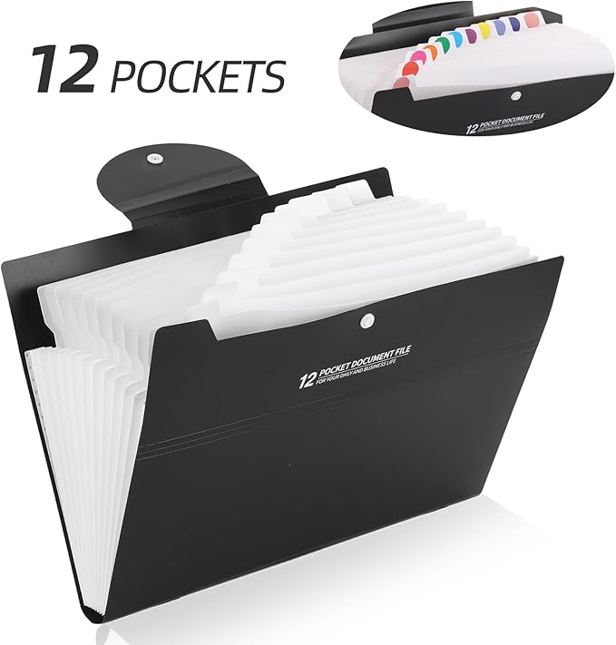 2Pcs Accordion File Organizer with 12 Pockets - Expandable File Folder for Paper, Portable Multi Pocket Folder for School Office Supplies,Black