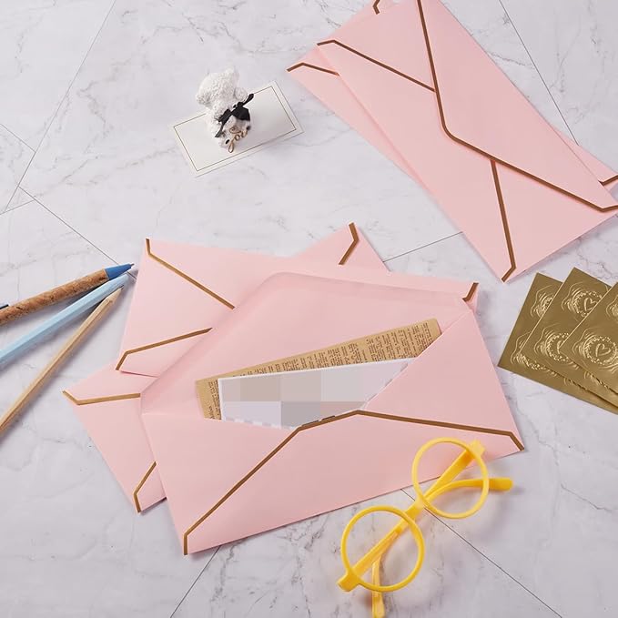 50 Pack #10 Business Envelopes with Gold Border, Self Seal Standard Envelopes with Gold Stickers for Office, Checks, Letter Mailing, Invoices, 4 1/8 x 9 1/2 Inches (Pink)
