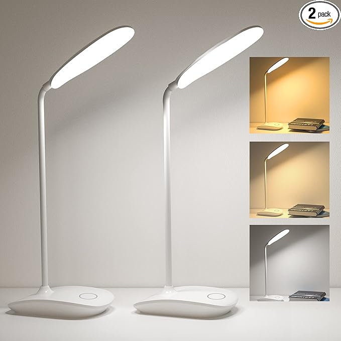 DEEPLITE Battery Operated Desk Lamp, LED Desk Light 3 Lighting Stepless Dimming, Table Lamp 5W Touch Control Eye Caring, Flexible Gooseneck, Portable Reading Light for Dorm Study Bedroom (Set of 2)