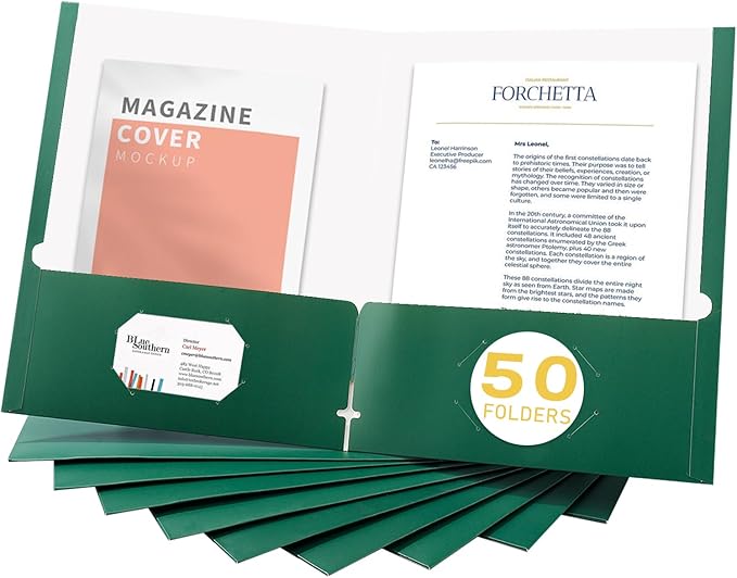 Zzrywuty File Folders with Pockets Letter Size, 50-Pack Paper Folders with Card Slot, Two Pocket Folders for School Students, Businessmen, Home and Office Workers（Dark Green）