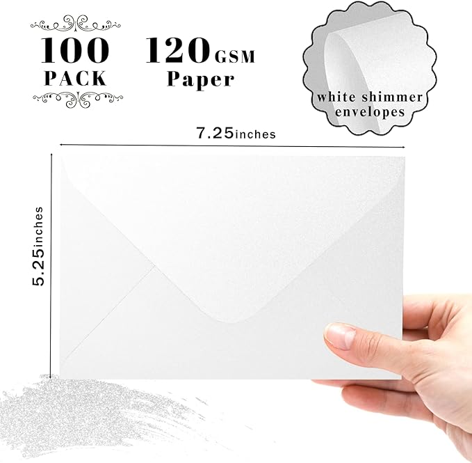 Shimmer Shiny White Envelopes 5.25 x 7.25 inches 100 PCS, Goefun A7 Euro V Flap Envelopes with Gummed Seal for 5 x 7 Cards, Wedding, Baby Showers, Birthday, Graduation