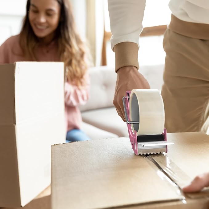 Rapid-Replace Packing Tape Dispenser Gun with Tape and Extra Blade, 2IN(50mm) Lightweight Ergonomic Industrial Handheld Heavy Duty Tape Cutter for Carton, Packaging and Box Sealing, Pink