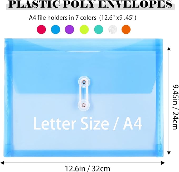 A4 Letter Size Plastic Poly Envelopes with Button and String Tie Closure, 1-1/4" Expansion Clear File Folders Side Loading Documents Organizer for Home School and Office Supplies (7)