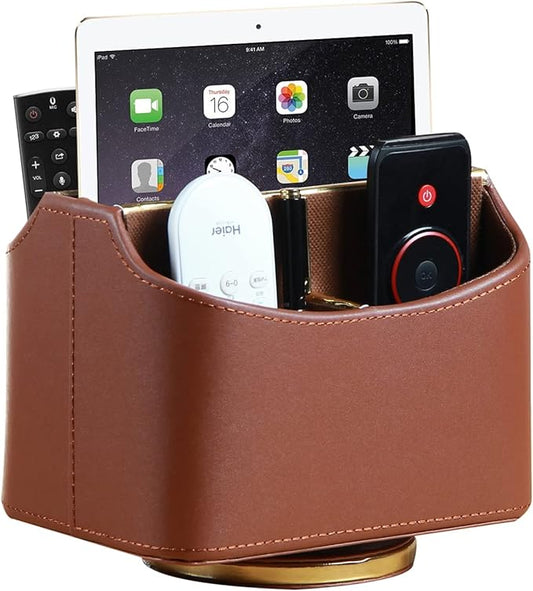 YAPISHI Remote Control Holder, Swivel Desk Organizer and Accessories Decorations for Living Room, PU Leather Room Decor Aesthtic, Bedside Table Organizer Remotes Caddy for TV Controllers/Stationery