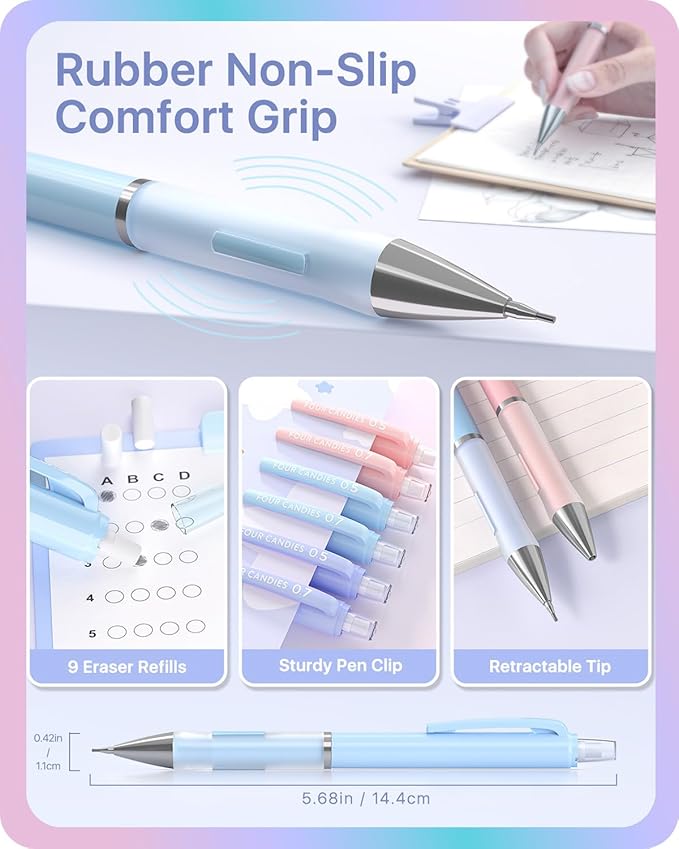Four Candies Cute Mechanical Pencils 0.9 mm, Pencil Set with 360PCS Lead Refills & Pastel Erasers, School Supplies with Case