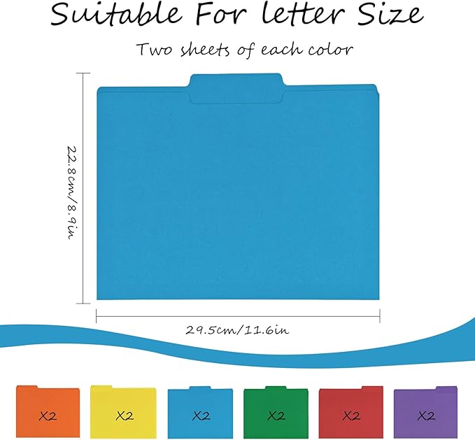 12Pcs Colored File Folders Letter Size Manilla File Folders with 1/3-cut Tabs Decorative File Pockets for Office School Business Home Organizer (12, Rainbow Color)