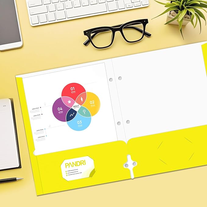 Two Pocket Portfolio Folders, PANDRI 60 Pack 3 Hole Punched 2 Pocket Folders for 3 Ring Binder, Letter Size Paper File Folder for School Office Home Business, Yellow