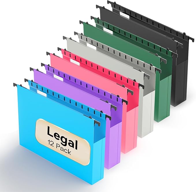 Plastic Extra Capacity Legal Size Hanging File Folders,12 Pack Reinforced Legal Hanging Folders Expandable,Heavy Duty 2 Inch Expansion with Tabs,Filing Cabinet Folders for Bulky Files-Colorful