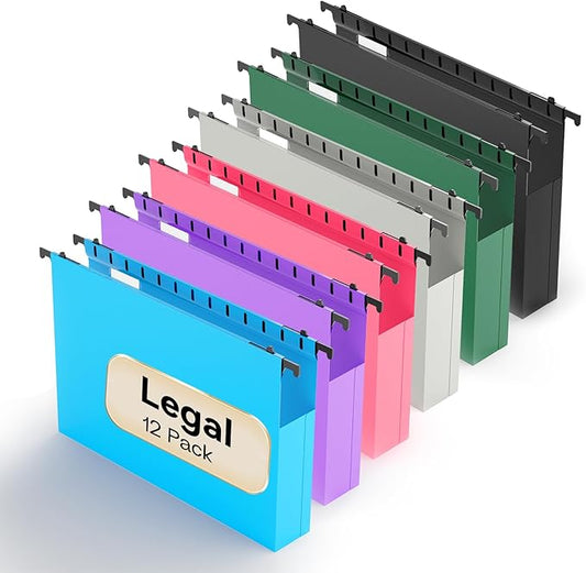 Plastic Extra Capacity Legal Size Hanging File Folders,12 Pack Reinforced Legal Hanging Folders Expandable,Heavy Duty 2 Inch Expansion with Tabs,Filing Cabinet Folders for Bulky Files-Colorful