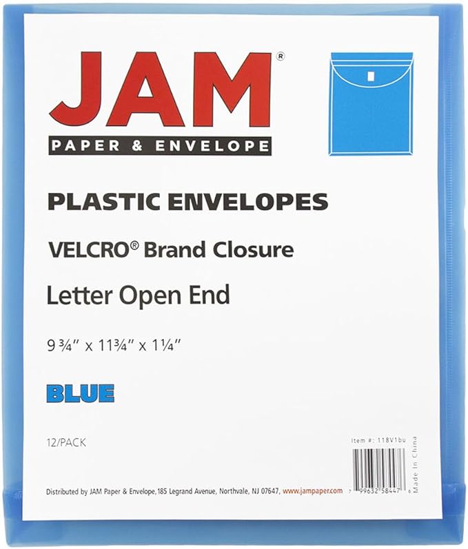 JAM PAPER Plastic Expansion Envelopes with Hook & Loop Closure - Letter Open End - 9 3/4 x 11 3/4 with 1 Inch Expansion - Blue - 12/Pack