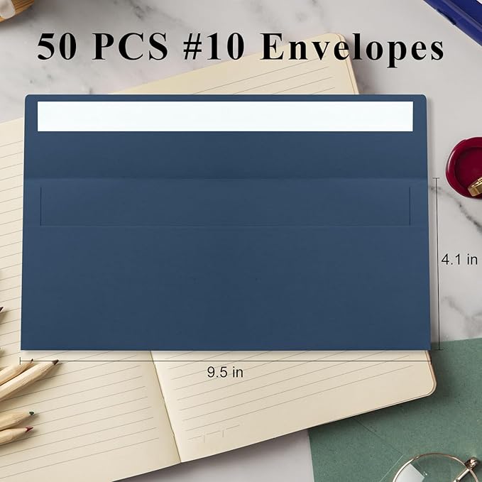 50 Pack Navy Blue #10 Business Envelopes, Standard Envelopes Self Seal, 4 1/8 x 9 1/2 Inch Letter Size Business Mailing Envelopes for Checks Invoices Statements Baby Shower Wedding Birthday Graduation