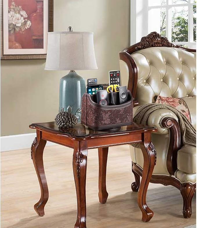 YAPISHI Antique Leather Remote Control Holder, 360 Degree Spinning Desk TV Remote Caddy/Box, Bedside Table Organizer for Controller, Media, Calculator, Mobile Phone and Pen Storage