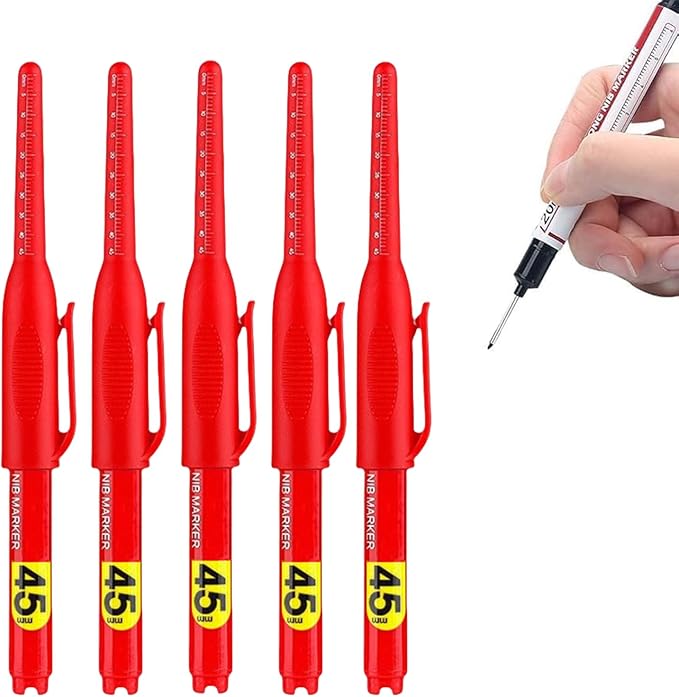 5PCS Long Head Deep Hole Marker Pens, 20mm Deep Reach Long Nose Markers, 45mm Permanent Markers Carpenter Ink Marker Pens, Waterproof Construction Markers Marking Tool, Metal Marking Pen (45MM Red)