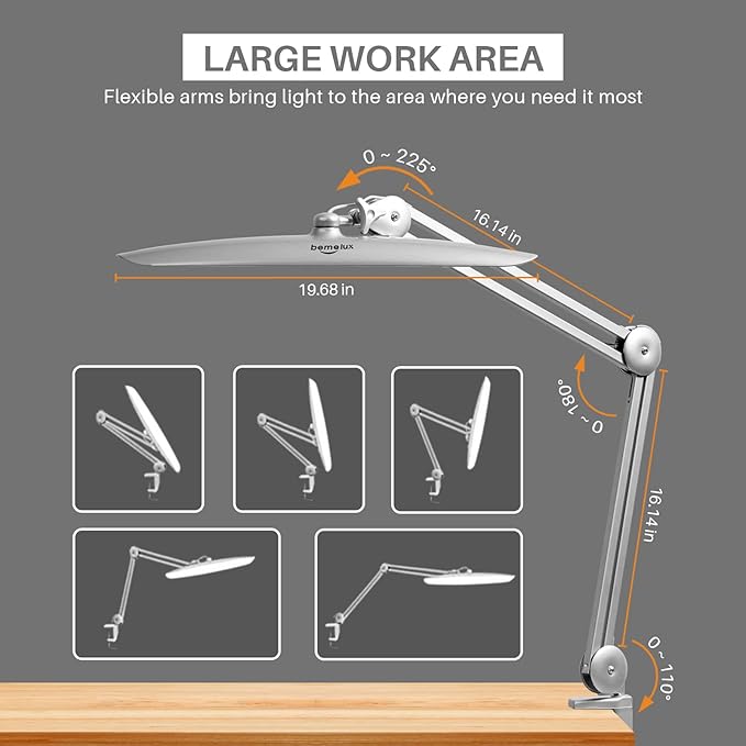 LED Desk Lamp with Clamp, Dimming Task Lamp for Reading Desktop Office Workbench Table Architect Sewing Study Home Craft, 117PCS LEDs, 2200 Lumens 20 Inch Metal Swivel Arm Work Lamp (Silver)