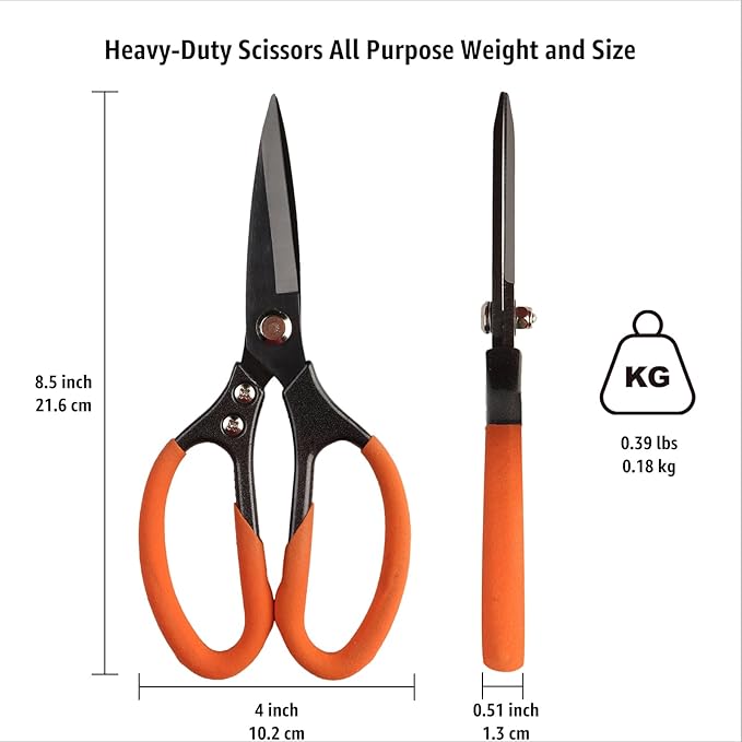 Heavy Duty All Purpose Scissors, Stainless Steel Blades, Black Orange Comfort Grip Handle, 8.5 Inch Professional Multipurpose Utility Sharp Shears for Kitchen, Garden, Office, Craft, Sewing