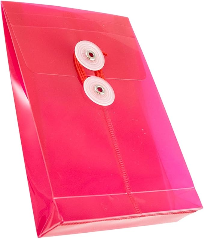 JAM PAPER Plastic Envelopes with Button & String Tie Closure - 4 1/4 x 6 1/4 - Pink - 12/Pack