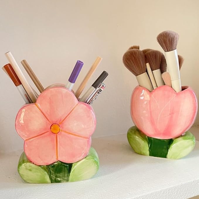 Pink Makeup Brush Holder Pen Holder for Office Desk Accessories Aesthetic Pencil Holder Cute Flower Home Decor Birthday Gifts for Women Vanity Toothbrush Holder Kawaii Kitchen Utensil Holder