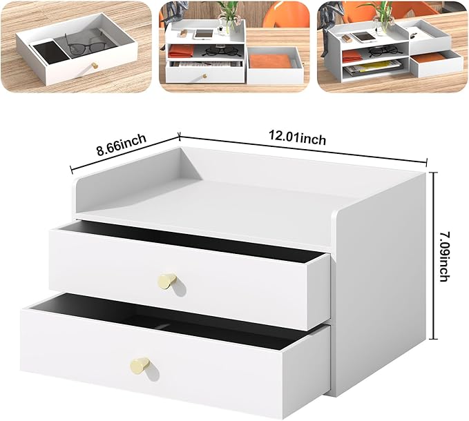 Bamboo Desk Organizer with Drawers Wooden Desktop Storage Organization Box for Bills Office Supplies Kitchen Utensils Organizing Tool for Home Classroom Vanity, No Assembly Required (2 Drawers, White)