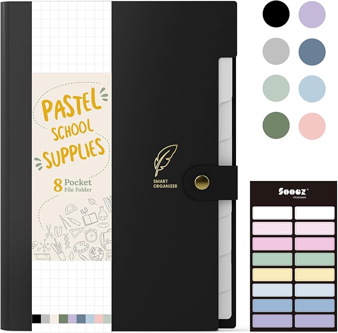 Sooez File Folders Organizer, Folders with 8 Pockets, Folders for Documents w/Sticker, Accordion File Organizer, Paper Receipt Bill Filing Organizer, School College Office Travel Essentials Supplies