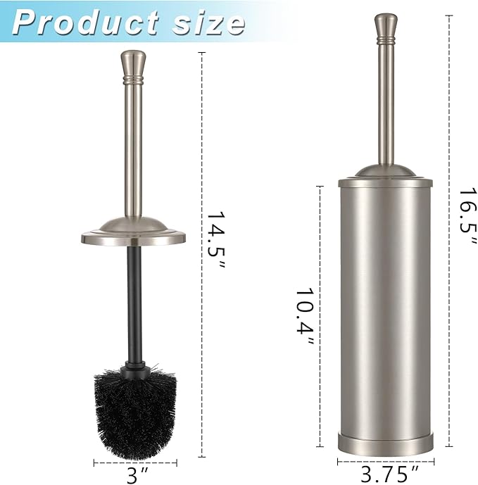 Brushed Nickel Toilet Brush and Holder Set,304 Stainless Steel Toilet Bowl Brush and Holder for Bathroom,Silver Heavy Duty Toilet Brush,Durable Scrubbing Bristles,Splash Resistant,Long Hanlde