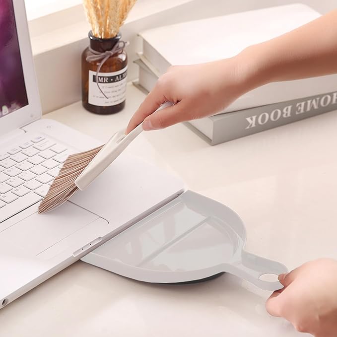 BSMstone Mini Broom and Dustpan Set Hand Broom with Dustpan Portable Housekeeping Cleaning Tools for Desk,Counter,Sofa,Kitchen,Office,Nest (Off White)